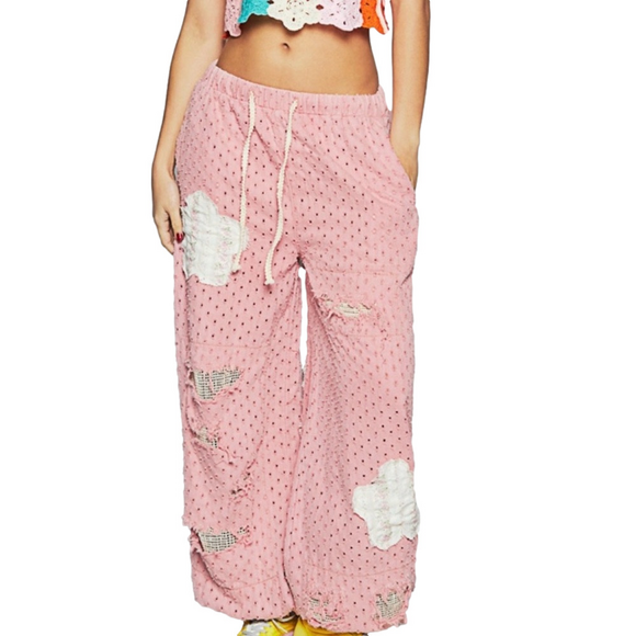 POL Pants - POL Pink distressed eyelet joggers with white floral patches drawstring waist